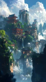 Vertical mountain temples rising through luminous cloud strata.