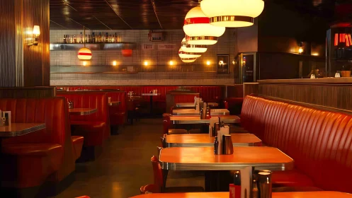 Empty retro diner interior shows red booths and warm lights