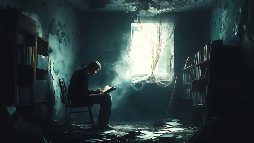 Solitary reader studies in dust filled, ruined library room.