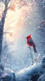 Crimson cardinal crowns a dreamlit winter forest hush.