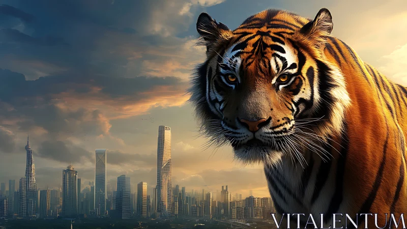 Giant tiger overlooking dense modern city skyline.