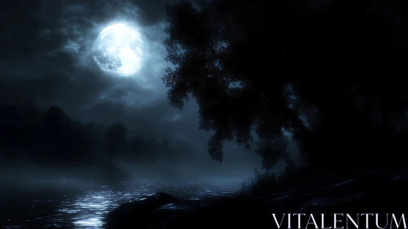Moonlit river hush beneath whispering shadowed trees.