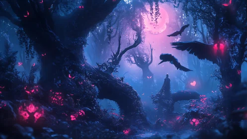 Dark enchanted forest under neon moonlight glow.