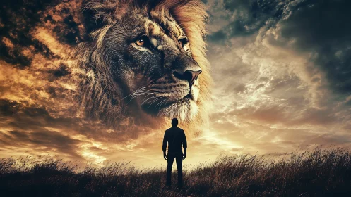 Silhouetted figure beneath large lion face in cloudy sky.