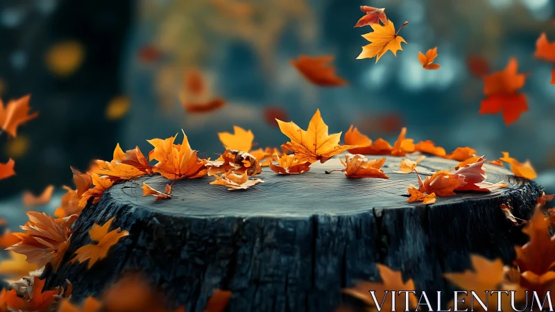 Golden autumn leaves dancing around a quiet tree stump.