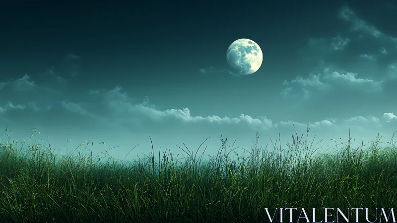 Luminous full moon illuminates dewy grass under teal night sky