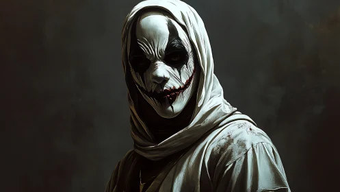 Hooded monochrome harlequin mask with stitched blood smile