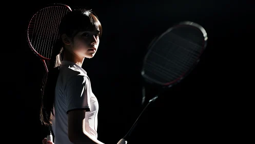 Female badminton player in low key studio lighting setup.