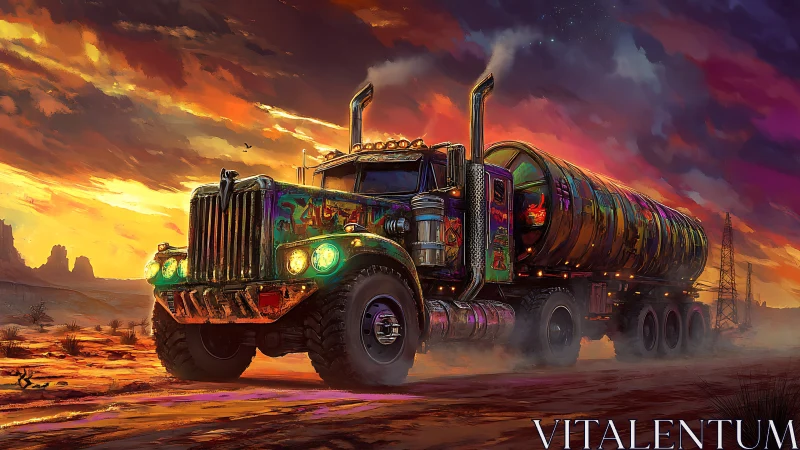 Neon graffiti tanker truck powers through a post-apocalyptic desert