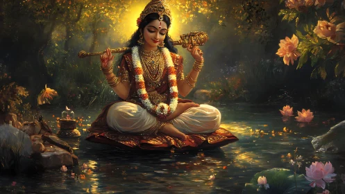 Divine figure meditating in lotus pond with volumetric backlight