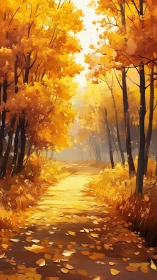 Golden Autumn Forest Pathway: Luminous Landscape with Deciduous Canopy.