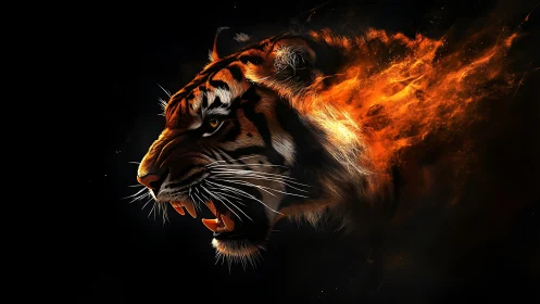 Tiger head rendered in fire-like energy on black background