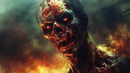 Charred inferno ghoul staring through swirling apocalyptic smoke.
