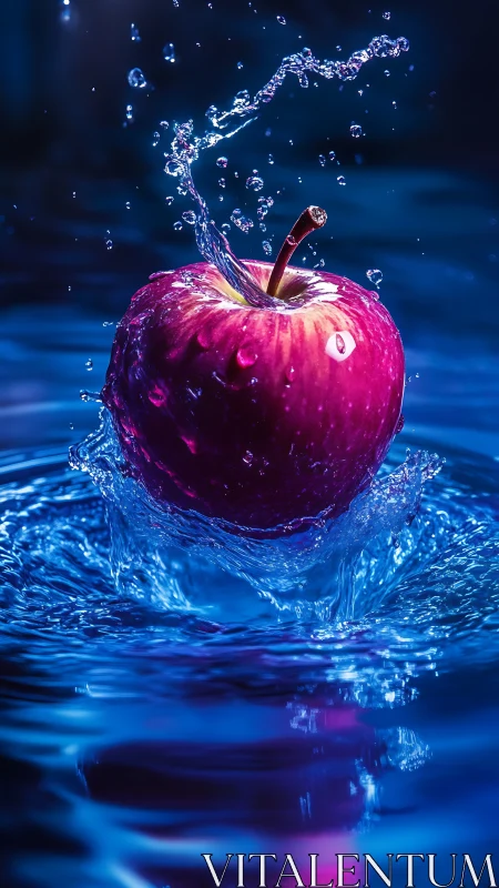 Crimson apple erupts from sapphire water in frozen motion.
