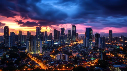 City lights and painted skies meet at blue hour twilight.