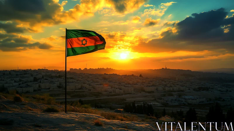 Vibrant tricolor flag over hillside city at dramatic sunset.