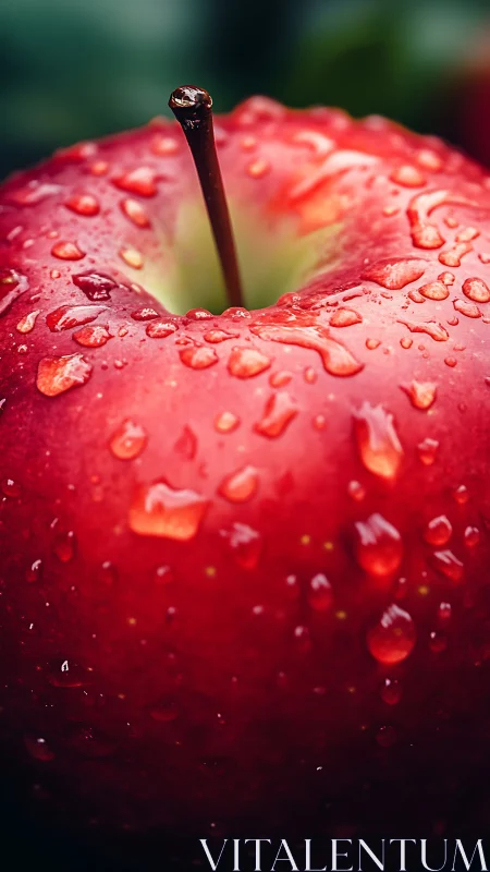 Red apple macro shot shows water droplets on smooth skin