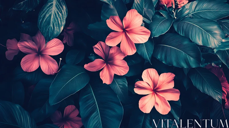 Composite botanical rendering featuring five-petal flora with teal-green foliage under tonal contras