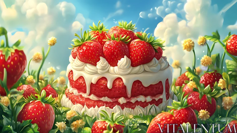 Layered Strawberry Cake with Cream Frosting and Fresh Berry Garnish in Pastoral Garden Setting