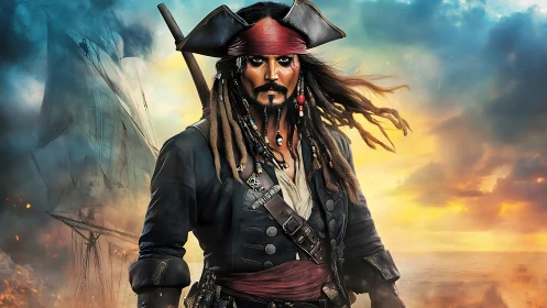 High-detail digital pirate captain portrait at sea sunset