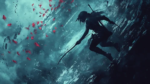 Silhouetted cliffside archer descends through teal storm haze