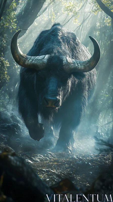 Massive horned buffalo charging through misty jungle path.