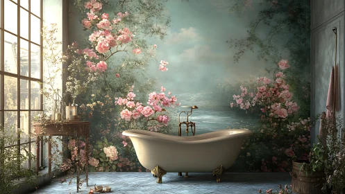 Romantic floral bathroom with clawfoot tub and mural backdrop.