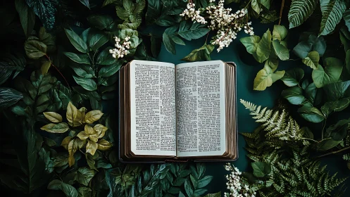 Open antique book rests amid dense botanical foliage