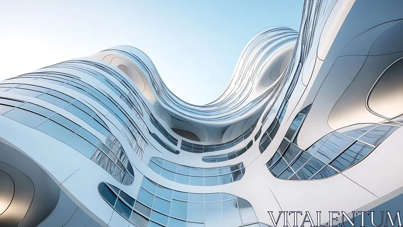 Curved contemporary building facade viewed from ground level against clear sky.