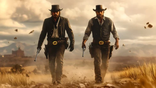 Two armed cowboys walking through dusty western plains.