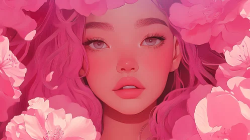 Pink floral portrait framing stylized girl in soft bloom.