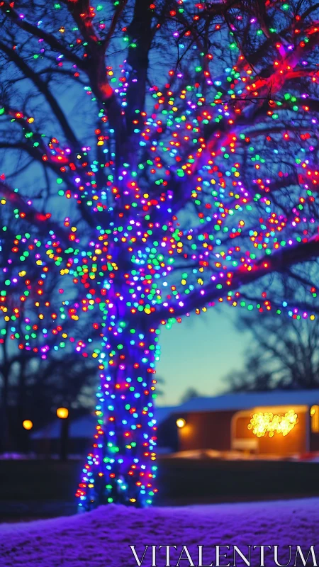 Tree trunk is wrapped in multicolored outdoor string lights