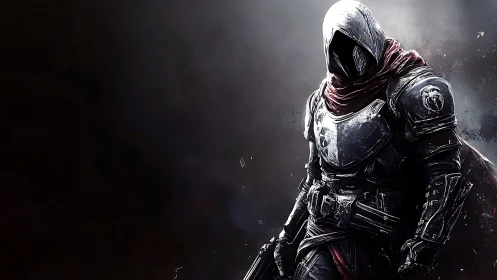 Hooded sci fi warrior stands in fractured metal armor