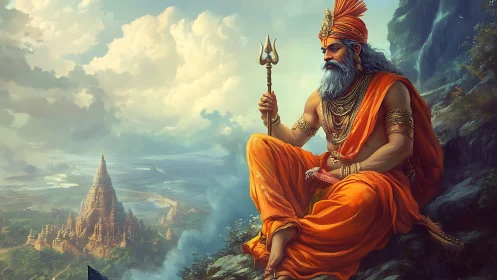 Serene sage in orange robes quietly watches a distant temple