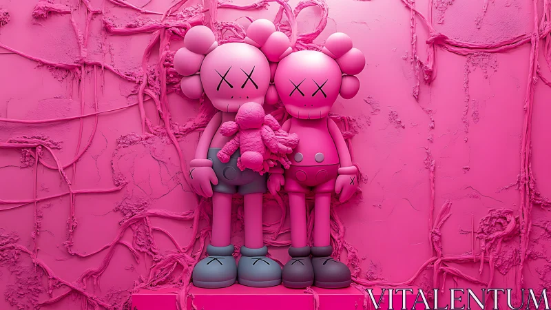 Pink toy figures against textured monochrome wall.