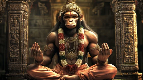 Divine monkey yogi statue in ornate golden temple hall.