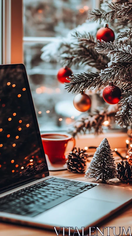 Warm desktop workspace framed by shallow-depth festive decor