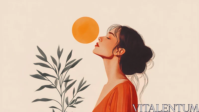 Profile portrait with orange sun and botanical accent.
