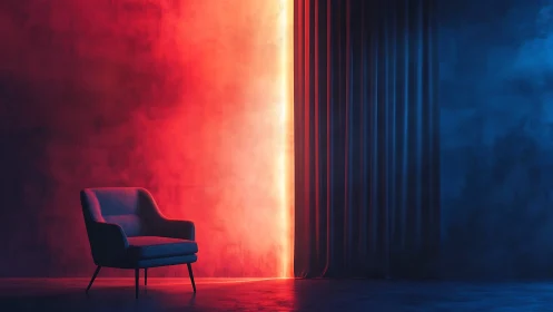 Armchair sits beside vertical red light and dark curtain