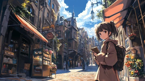Girl explores cozy European street bathed in gentle light.