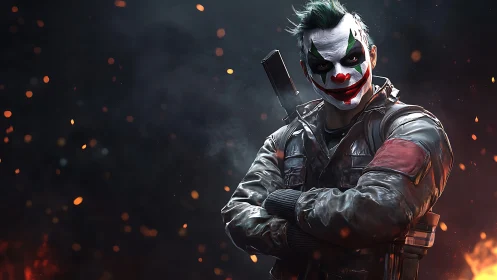 Armed figure in clown makeup amid dark embers backdrop.