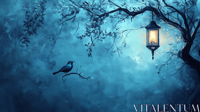 Moonlit forest lantern glows above a quiet resting bird.