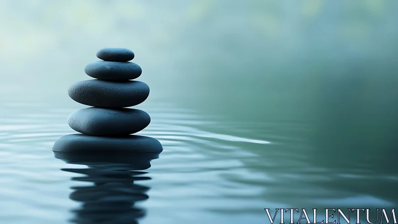 Zen stone stack rises over tranquil misty water surface.