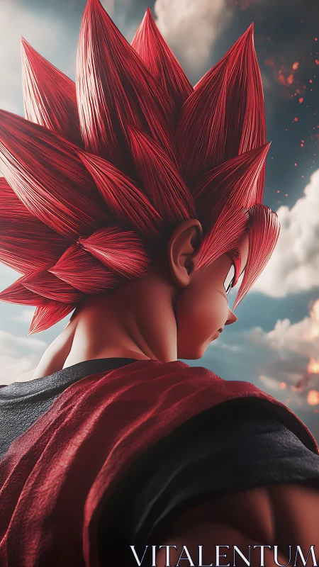Red-haired anime warrior gazes over burning sky horizon.
