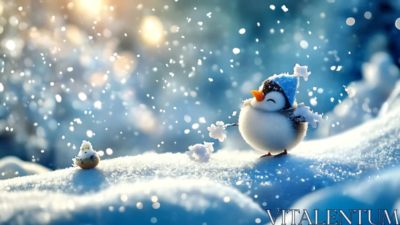Cute penguin chick playing joyfully in falling snow.