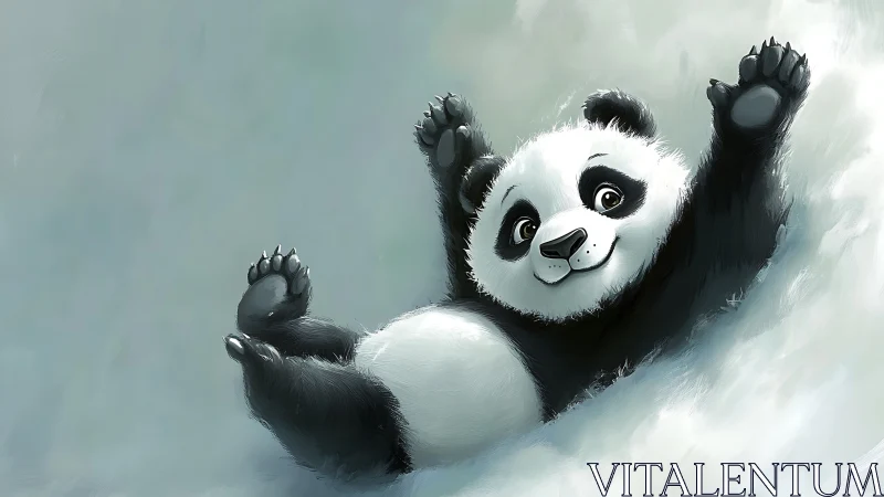 Playful baby panda happily sliding down a soft snowy hill