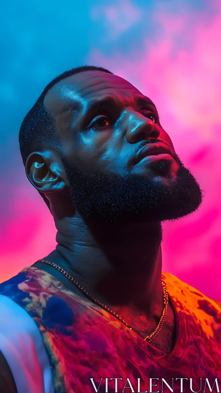 Neon-lit athlete studies the sky like a glowing scoreboard