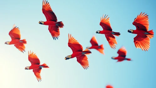 Vibrant Scarlet Macaws in Flight Against Clear Blue Sky, Realistic Style.