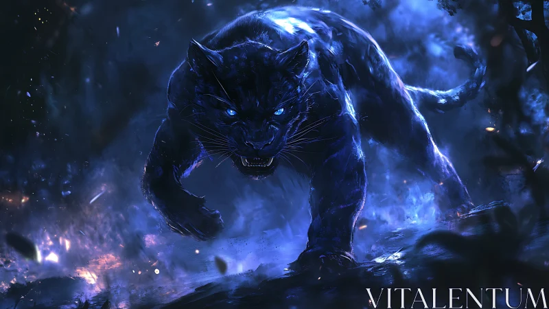 Ethereal Black Panther Charging Through Electric Blue Energy Storm.