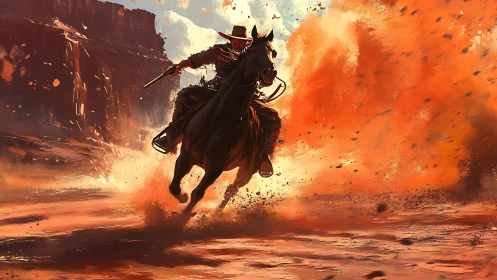 Outlaw rider storms the blazing canyon in scarlet dust.
